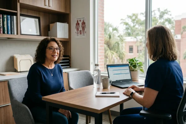 Patient consulting with provider about jawline filler treatment options in Tampa