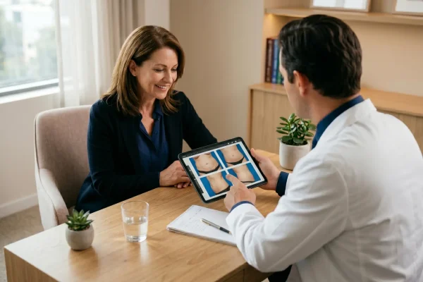 Patient discussing a liposuction touch-up consultation with her plastic surgeon