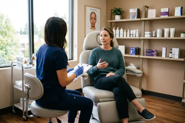 Patient discussing PDO thread discomfort with a clinician before treatment