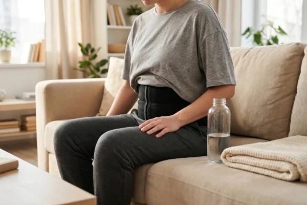 Patient resting at home wearing abdominal compression garment after HD liposuction