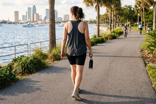 Patient walking outdoors in a compression garment during liposuction recovery in Tampa