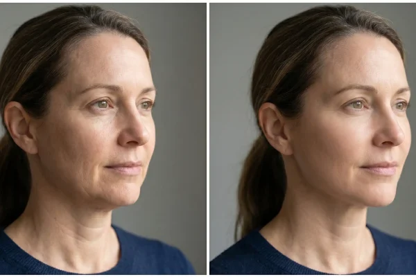 Before and after a PDO thread lift showing a subtle jawline improvement