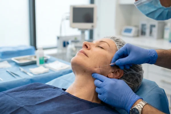 PDO thread treatment in progress along a patient's jawline