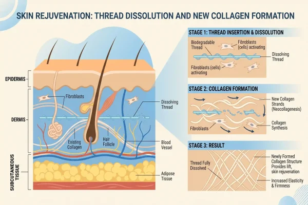 Diagram of collagen forming around a dissolving PDO thread under skin
