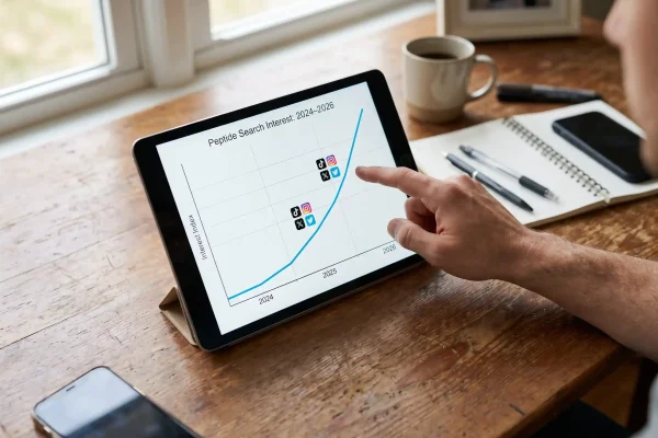 Peptide search interest rising from 2024 to 2026, social-media driven