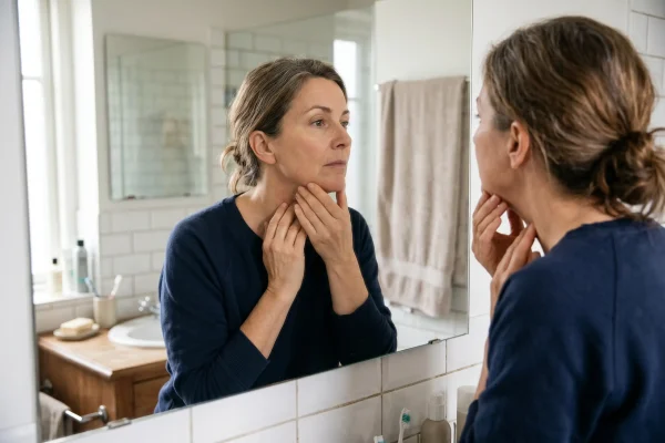 Person checking mild jowls in a mirror to assess FaceTite candidacy