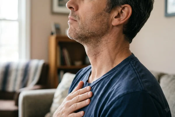 Person doing a chin-tuck jawline exercise at home
