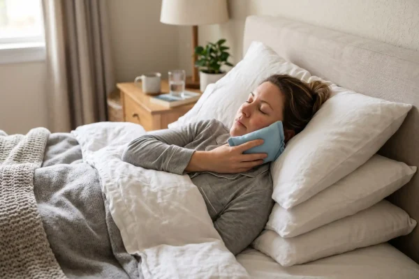 Person reducing swelling after PDO threads with cold compress