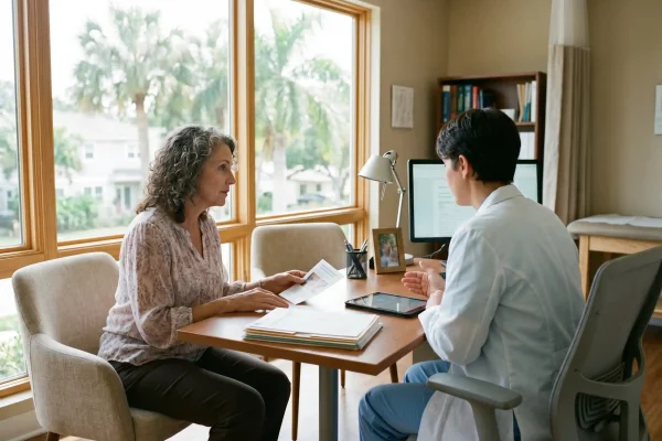 Physician assistant reviewing a hexarelin peptide therapy plan with a patient in Tampa