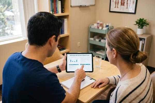 Physician assistant reviewing a peptide therapy plan with a patient in Tampa