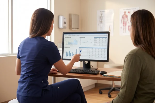 Physician assistant reviewing bloodwork with a patient before peptide therapy