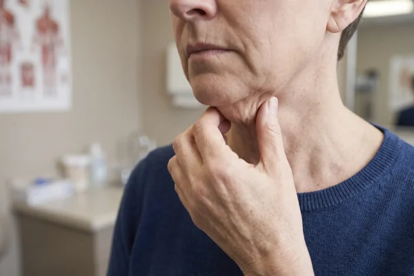 Pinch test on loose neck skin to check if nonsurgical treatment will work