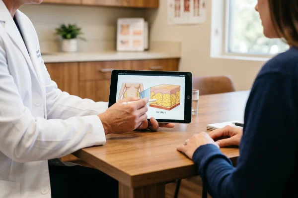 Plastic surgeon explaining permanent liposuction results to a patient during consultation