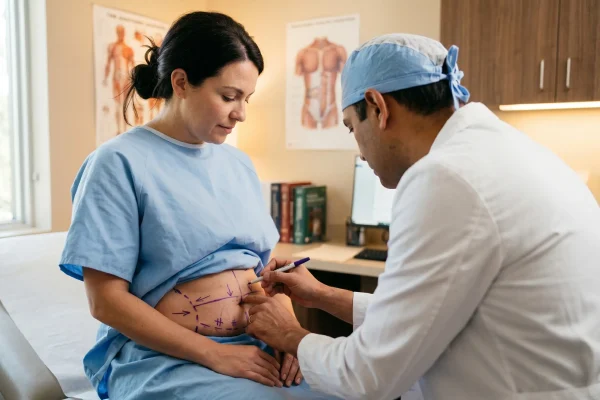Plastic surgeon marking lower abdomen for HD liposuction planning