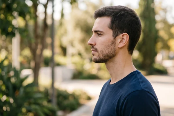 Post-operative result of a male patient showing improved jawline definition.