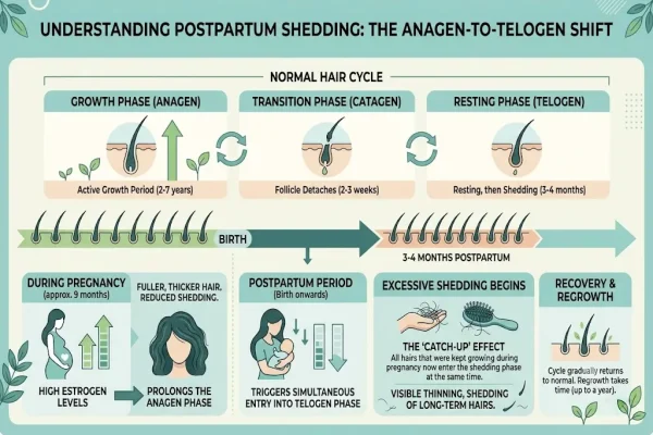 Infographic showing postpartum hair shedding and the telogen effluvium cycle
