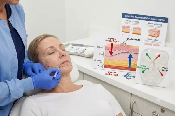 Clinician mapping thread placement lines to prevent lumps from PDO threads