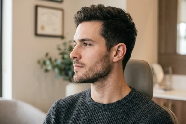 Profile view of a man with a sharp, defined jawline after filler treatment