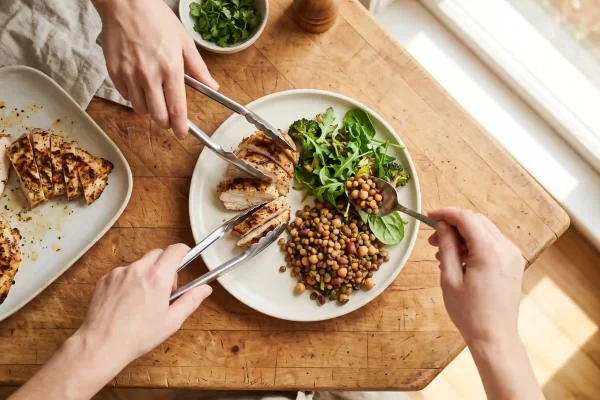 Protein-forward meal being portioned to support lean mass during GLP-1 fat loss