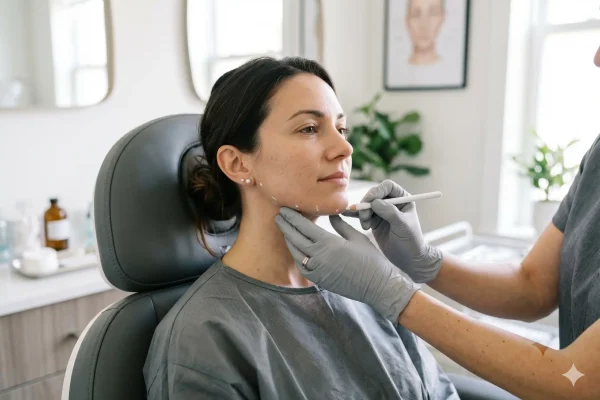 Provider mapping jawline filler injection points before treatment
