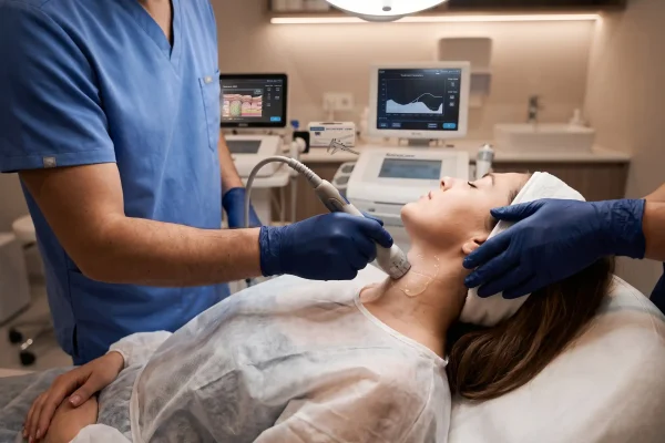 Provider performing nonsurgical neck tightening with an energy device in Tampa