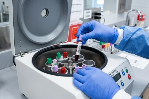 Blood spun in a centrifuge to prepare platelet-rich plasma for PRP treatment