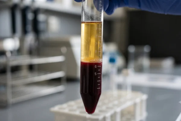 Centrifuge tube with separated platelet-rich plasma used in a PRP facial