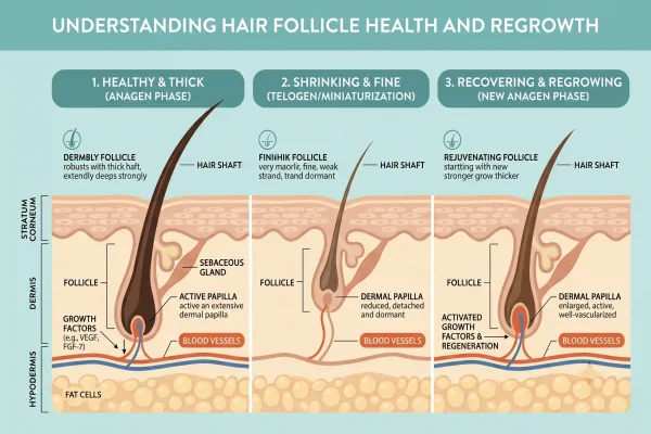 Infographic of PRP growth factors acting on a miniaturizing hair follicle