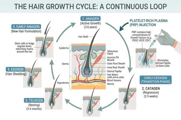 Infographic of how PRP feeds a hair follicle through the growth cycle