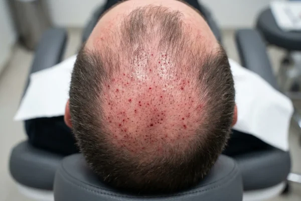 PRP injection sites on scalp showing normal post-treatment redness