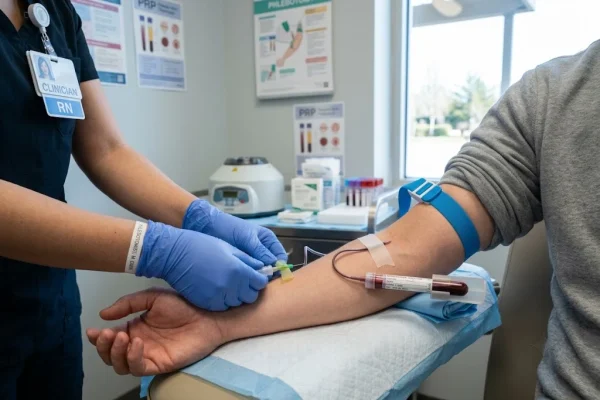 Blood draw from a patient's arm to prepare a knee PRP injection