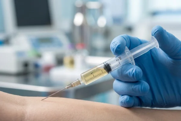 Centrifuge tube showing platelet-rich plasma separated for a knee injection