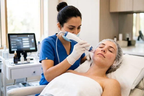 Clinician performing radiofrequency microneedling for non-surgical skin tightening