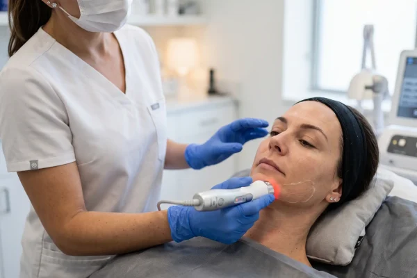 Radiofrequency skin tightening device treating the neck and jawline