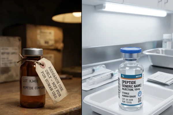 Research-grade online SS-31 vial compared with a human-grade clinic peptide vial