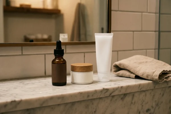 Retinol serum and skincare products arranged for post-Botox nighttime use