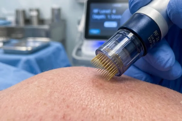 RF microneedling tip used for neck skin texture and mild tightening