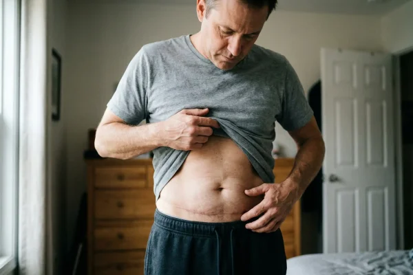 sad man with scars on abdomen