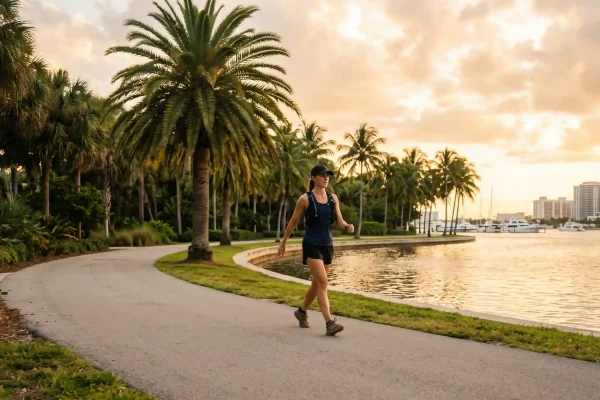 Upright walking as safe activity after Botox on a Tampa waterfront path