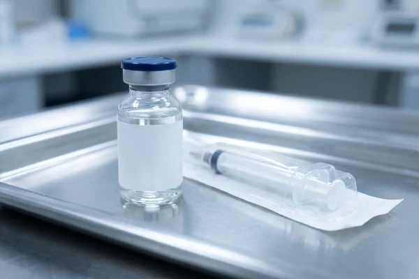 Sealed sterile vial on a clinical prep tray, representing human grade compounded medication