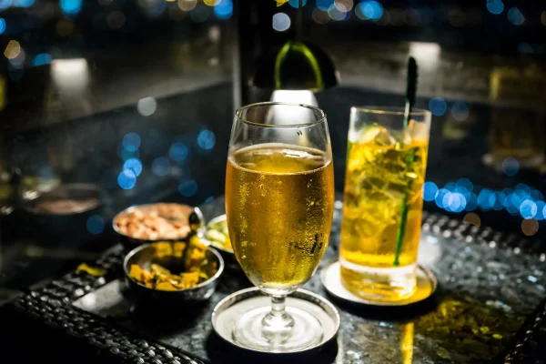 Selective focus shot of alcoholic drinks in a bar