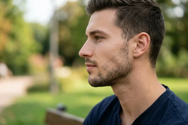 Sharp jawline and chin projection after aesthetic enhancement.