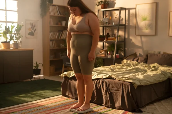 Side view plus-sized woman on scale