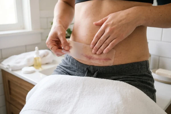 Silicone sheet on a healed tummy tuck scar to reduce its appearance