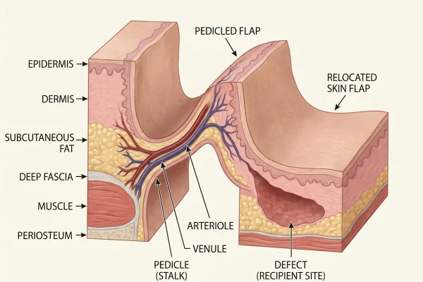 Illustration of a skin flap pedicle carrying blood supply into moved tissue