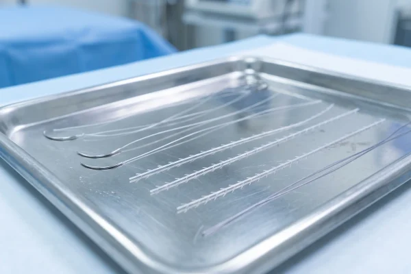 Smooth and barbed absorbable PDO sutures on a sterile tray before placement