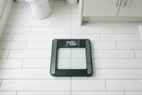 Digital scale showing stable weight before liposuction candidacy assessment