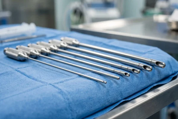 Sterile liposuction cannulas on a surgical drape at an accredited Tampa facility