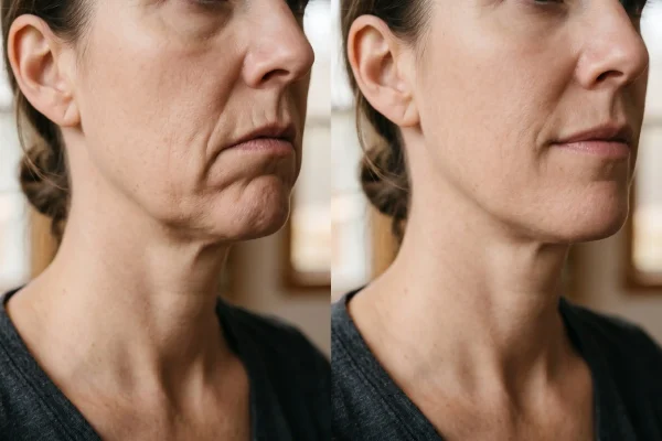 Subtle before and after of marionette lines and mouth corners after Botox