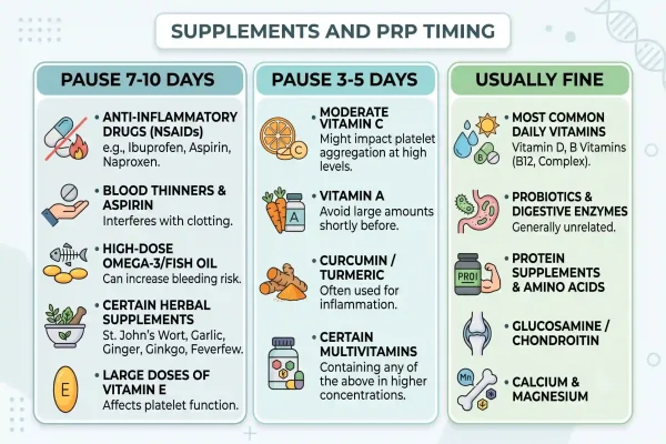 Infographic of which supplements to pause before and after PRP and for how long